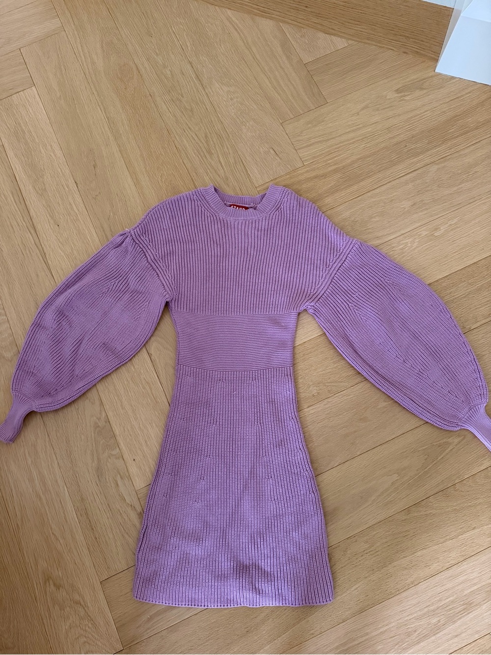 STAUD Lilac Ribbed Puff-Sleeve Crewneck Sweater Dress